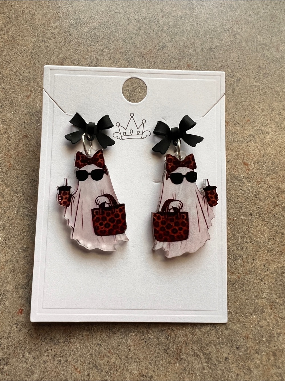 Black Bow Ghost Earrings with Red Leopard Accents Women’s Jewelry Halloween Fall